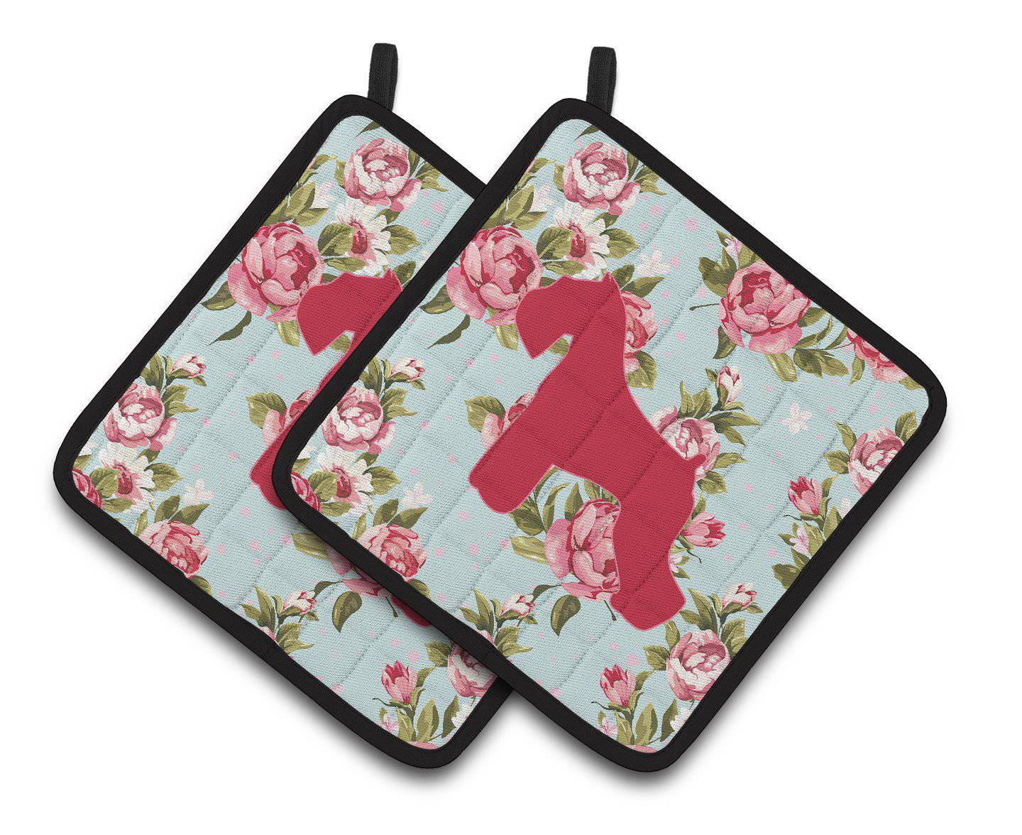 Schnauzer Shabby Chic Blue Roses   Pair of Pot Holders BB1073-RS-BU-PTHD - the-store.com