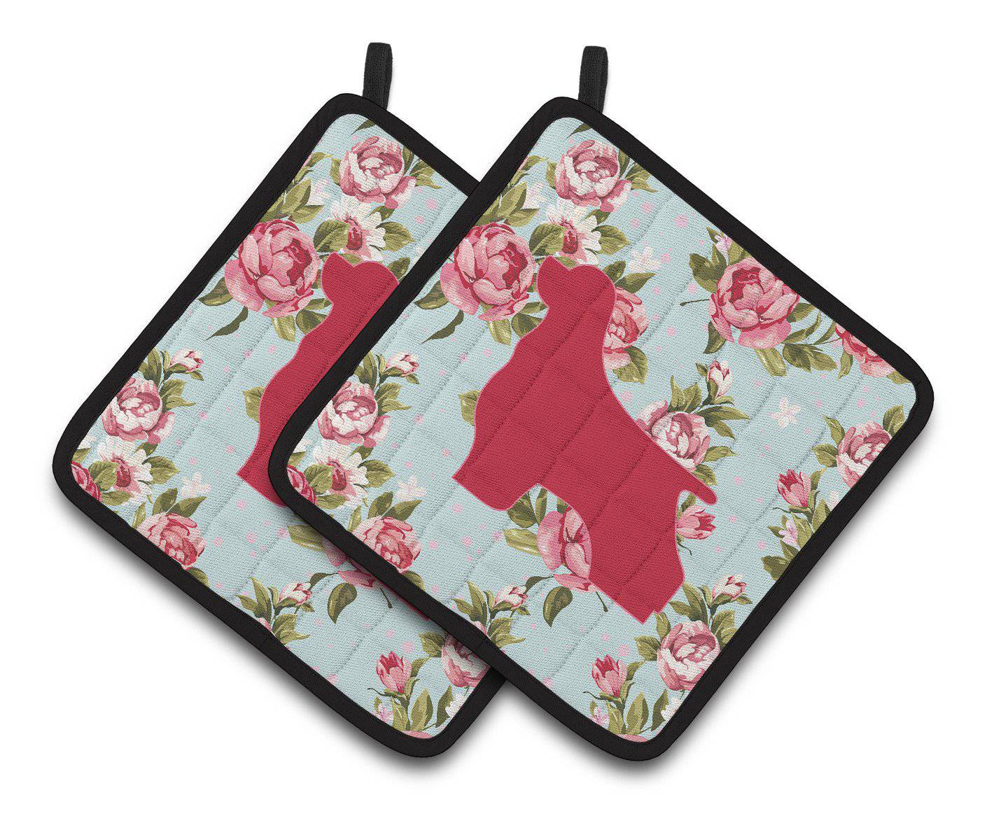 Cocker Spaniel Shabby Chic Blue Roses   Pair of Pot Holders BB1075-RS-BU-PTHD - the-store.com