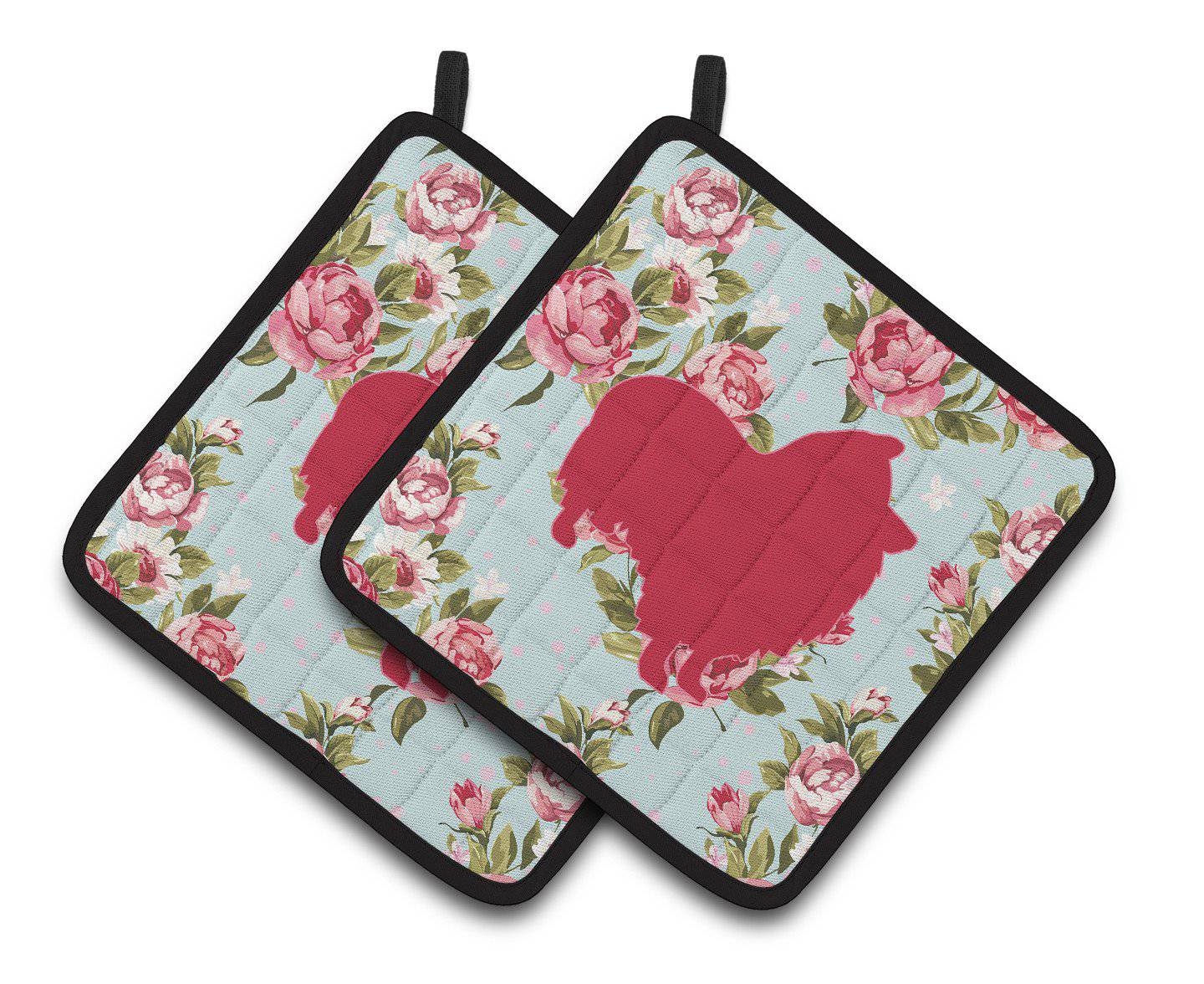 Sheltie Shabby Chic Blue Roses   Pair of Pot Holders BB1080-RS-BU-PTHD - the-store.com