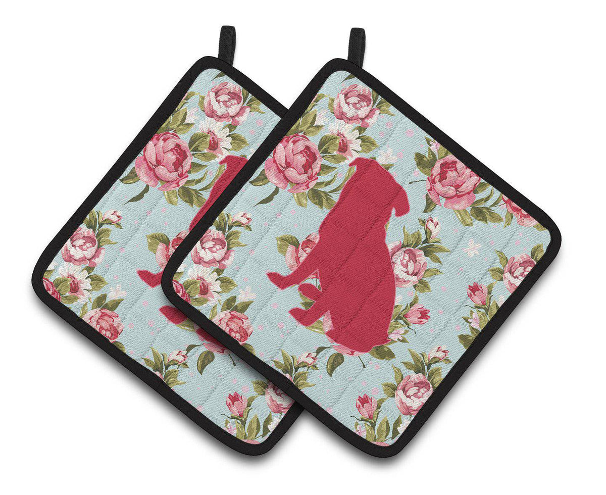 Pug Shabby Chic Blue Roses   Pair of Pot Holders BB1084-RS-BU-PTHD - the-store.com