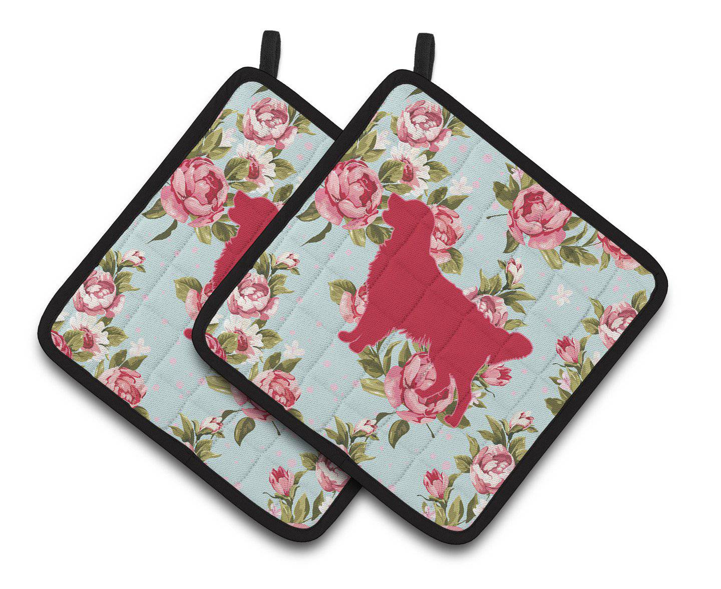 Golden Retriever Shabby Chic Blue Roses  Pair of Pot Holders BB1085-RS-BU-PTHD - the-store.com