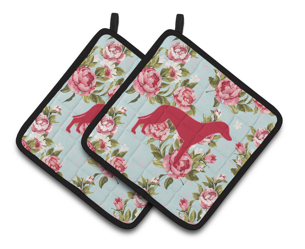 Greyhound Shabby Chic Blue Roses   Pair of Pot Holders BB1086-RS-BU-PTHD - the-store.com