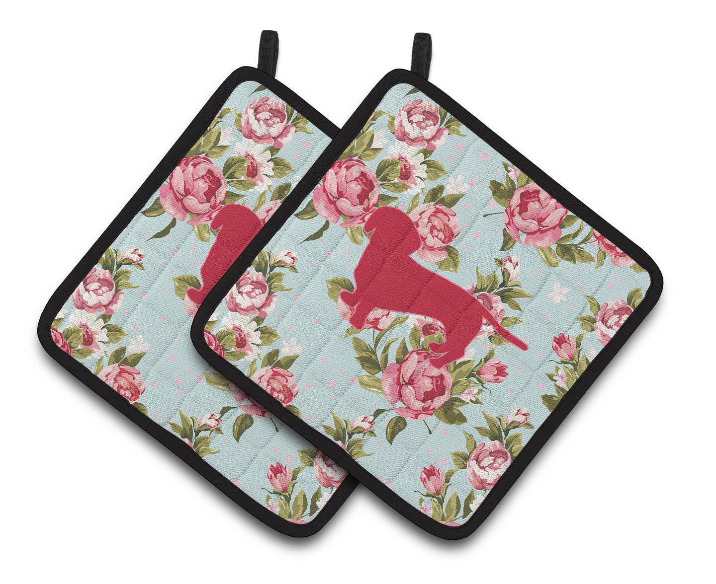 Dachshund Shabby Chic Blue Roses   Pair of Pot Holders BB1088-RS-BU-PTHD - the-store.com