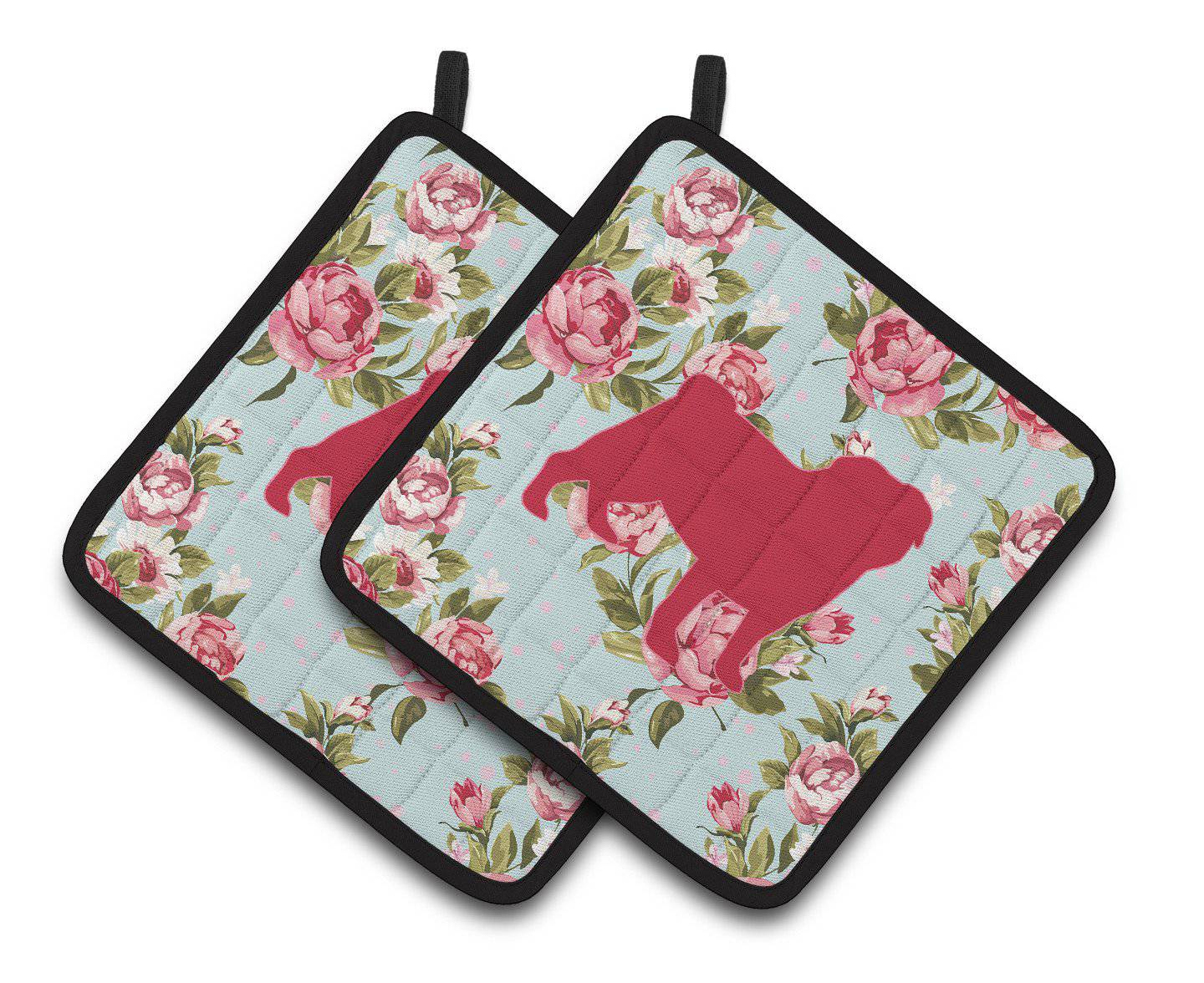 Pug Shabby Chic Blue Roses   Pair of Pot Holders BB1112-RS-BU-PTHD - the-store.com