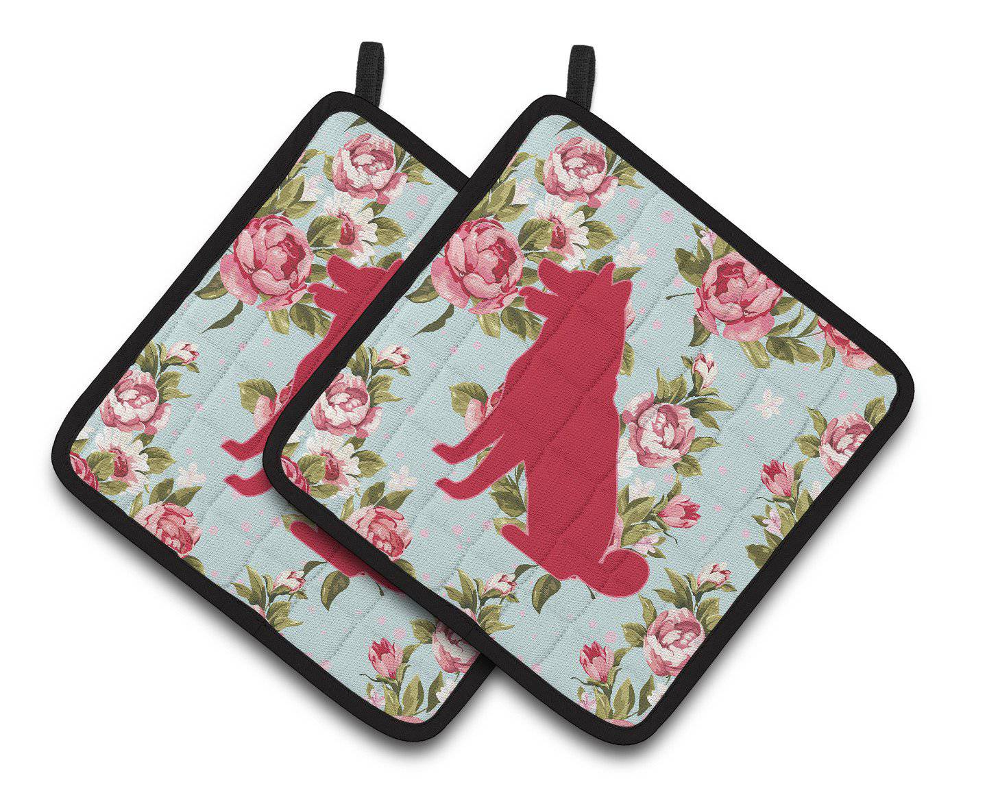 Shiba Inu Shabby Chic Blue Roses   Pair of Pot Holders BB1113-RS-BU-PTHD - the-store.com