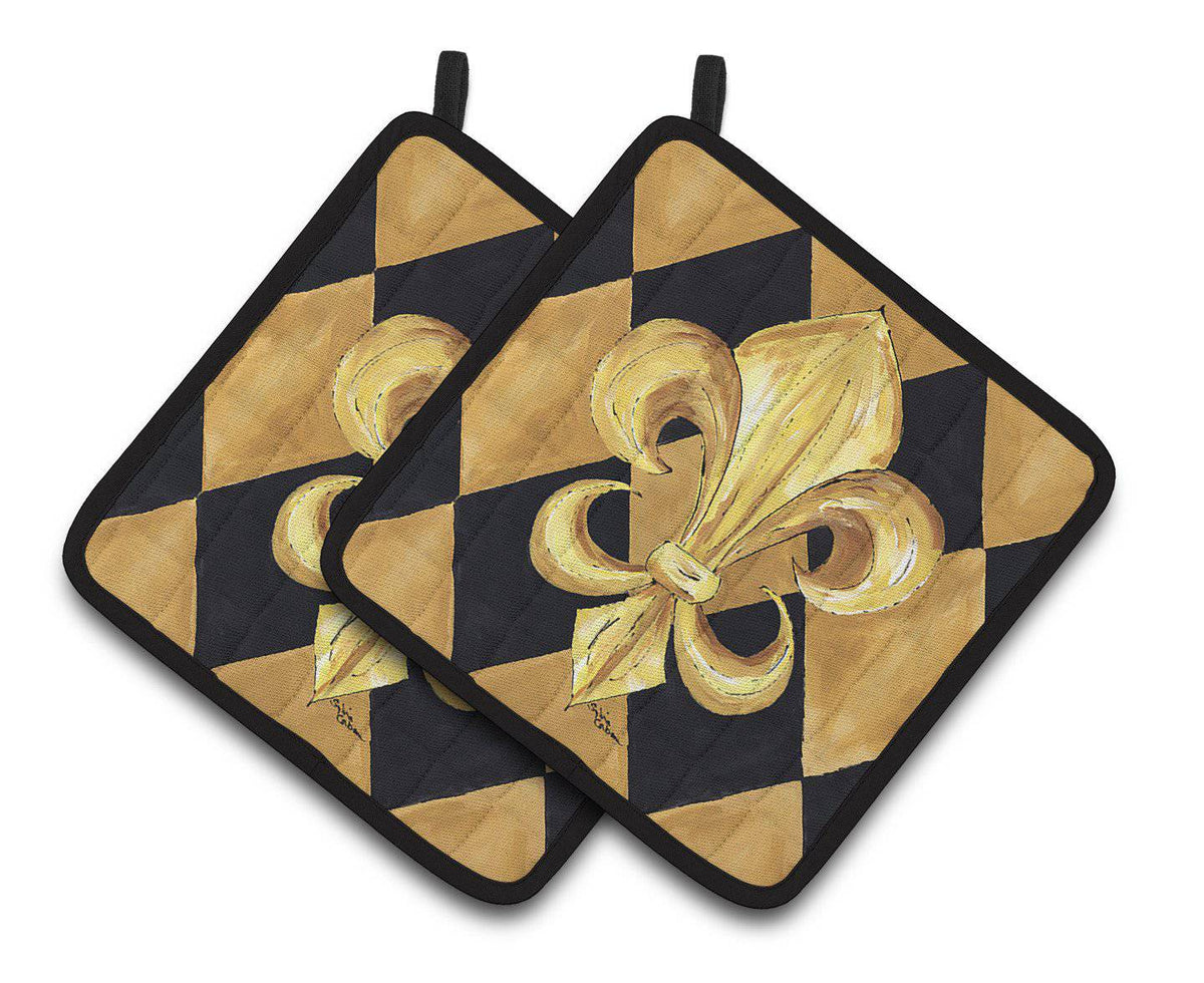 Black and Gold Fleur de lis New Orleans Pair of Pot Holders 8125PTHD - the-store.com