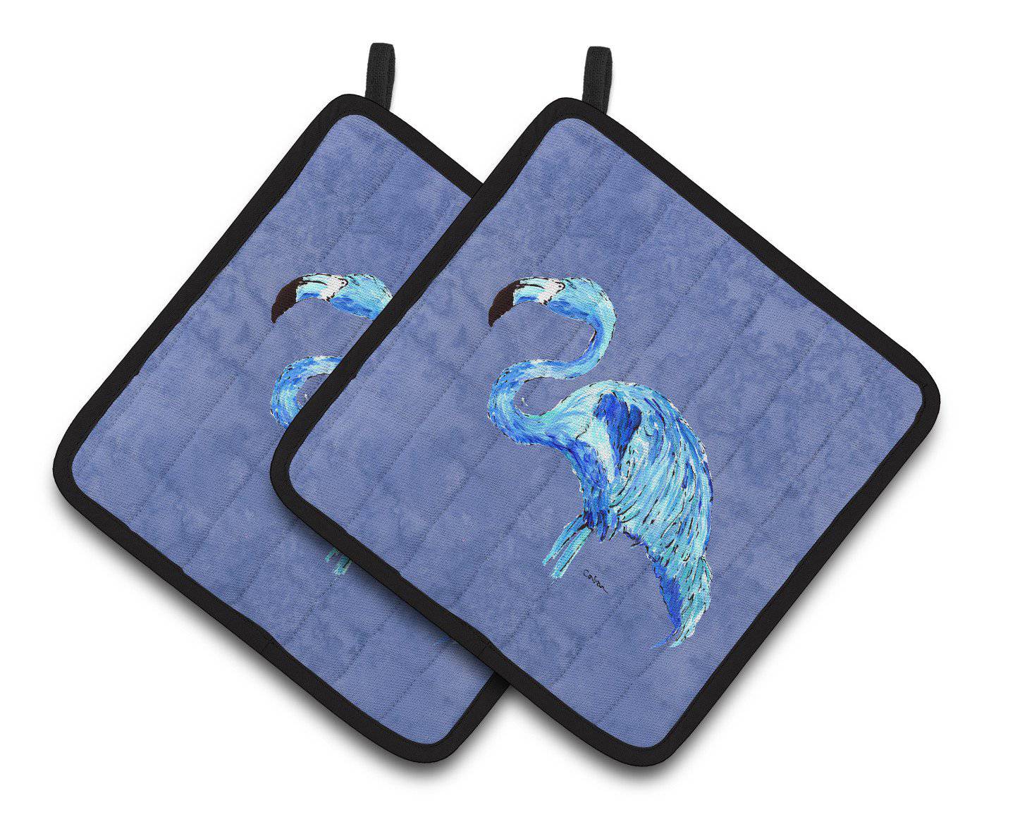 Flamingo On Slate Blue Pair of Pot Holders 8873PTHD - the-store.com