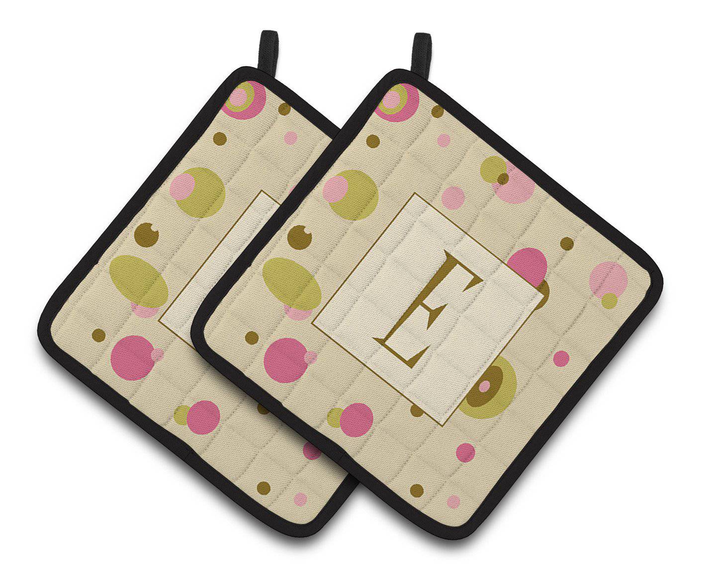 Letter E Initial Monogram - Tan Dots Pair of Pot Holders CJ1004-EPTHD - the-store.com