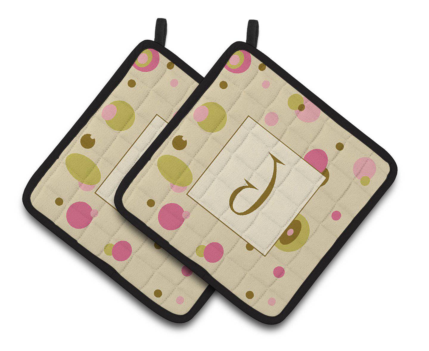 Letter J Initial Monogram - Tan Dots Pair of Pot Holders CJ1004-JPTHD - the-store.com