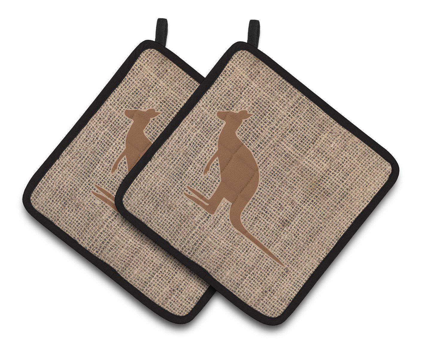 Kangaroo Faux Burlap and Brown   Pair of Pot Holders BB1008-BL-BN-PTHD - the-store.com