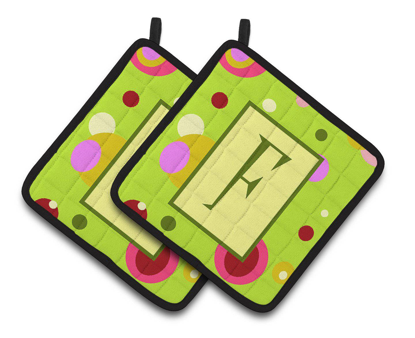 Letter F Monogram - Lime Green Pair of Pot Holders CJ1010-FPTHD - the-store.com