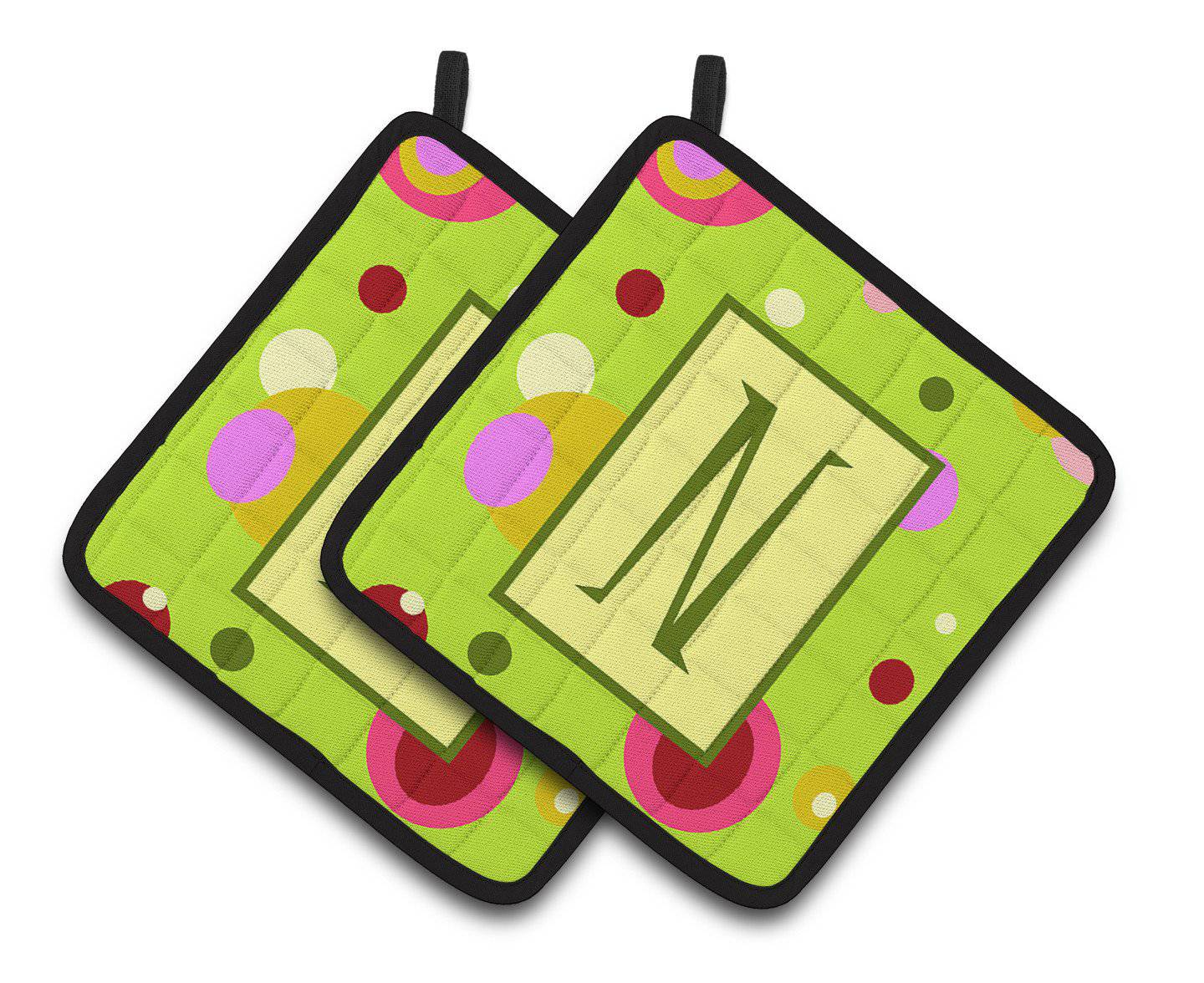 Letter N Monogram - Lime Green Pair of Pot Holders CJ1010-NPTHD - the-store.com