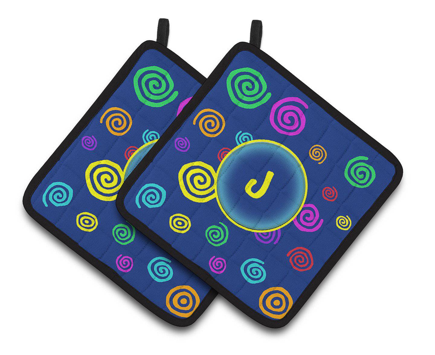 Letter J Initial Monogram - Blue Swirls Pair of Pot Holders CJ1011-JPTHD - the-store.com