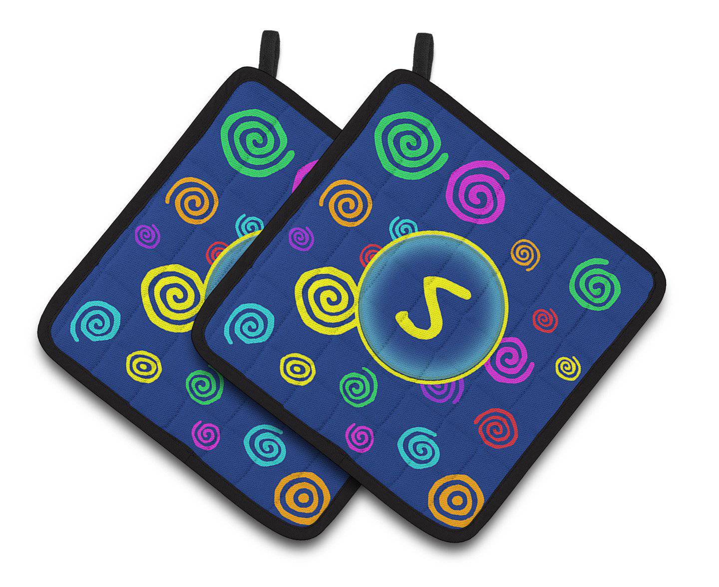 Letter S Initial Monogram - Blue Swirls Pair of Pot Holders CJ1011-SPTHD - the-store.com