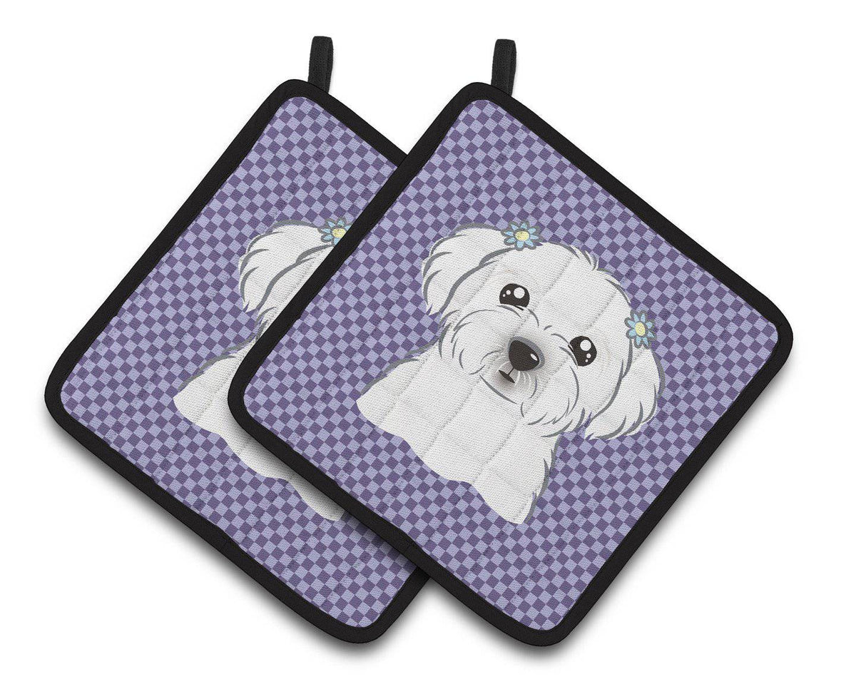 Purple Checkered Maltese Pair of Pot Holders BB1134PTHD - the-store.com