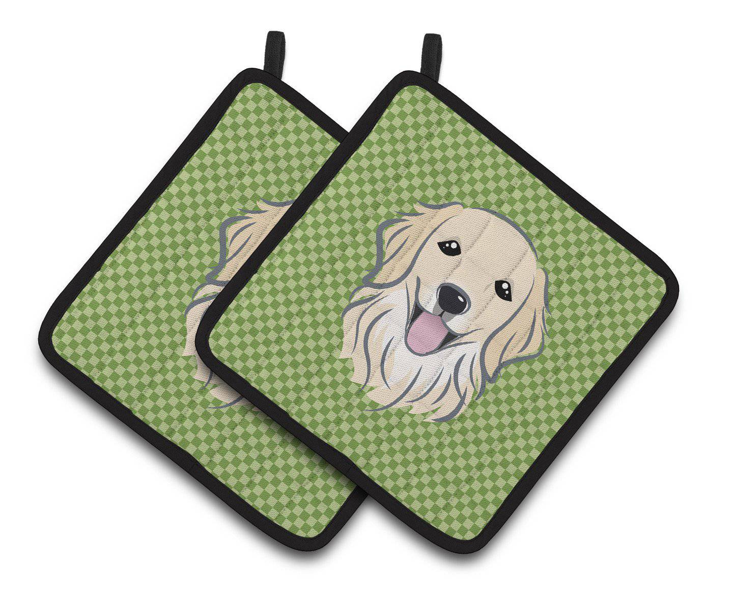 Green Checkered Golden Retriever Pair of Pot Holders BB1137PTHD - the-store.com