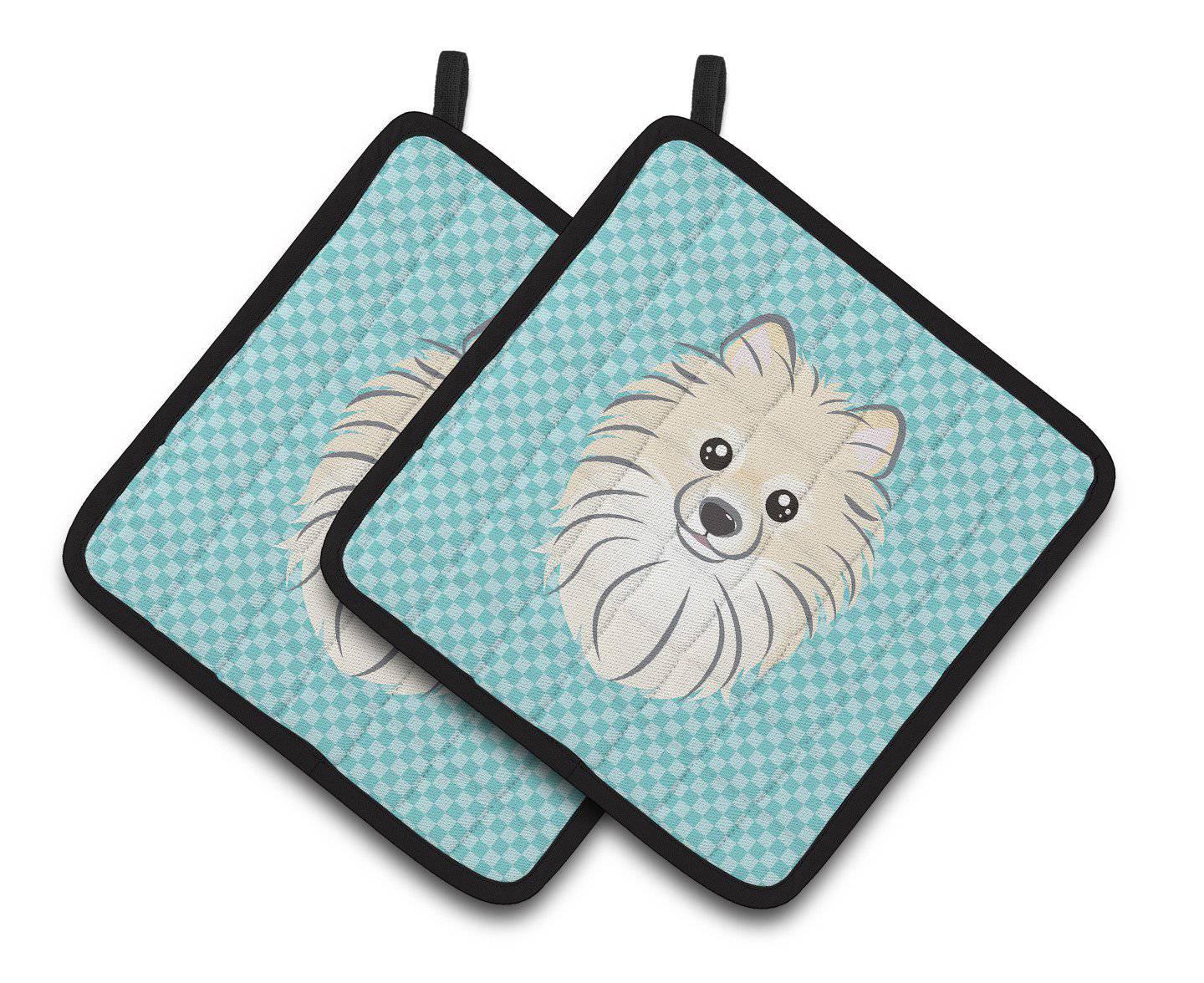 Checkerboard Blue Pomeranian Pair of Pot Holders BB1145PTHD - the-store.com