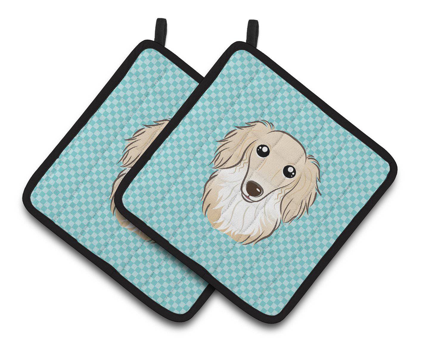 Checkerboard Blue Longhair Creme Dachshund Pair of Pot Holders BB1150PTHD - the-store.com