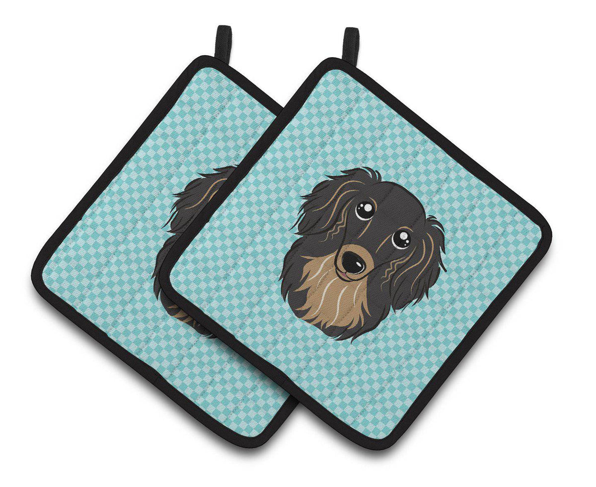 Checkerboard Blue Longhair Black and Tan Dachshund Pair of Pot Holders BB1151PTHD - the-store.com