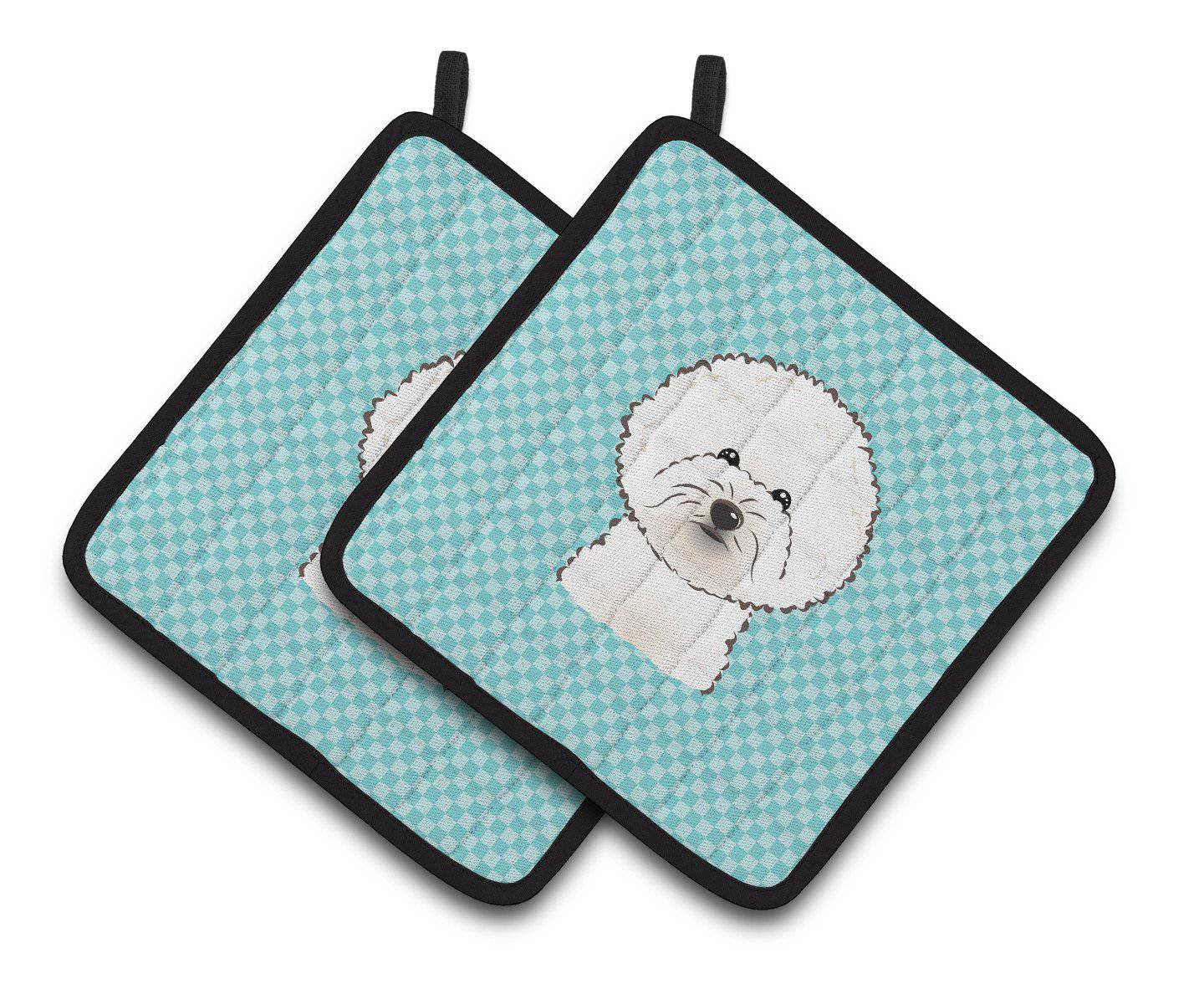 Checkerboard Blue Bichon Frise Pair of Pot Holders BB1155PTHD - the-store.com