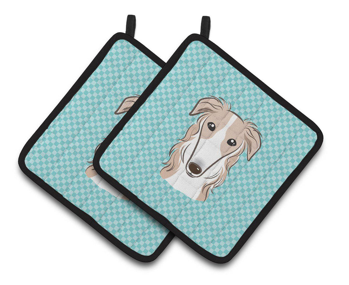 Checkerboard Blue Borzoi Pair of Pot Holders BB1166PTHD - the-store.com