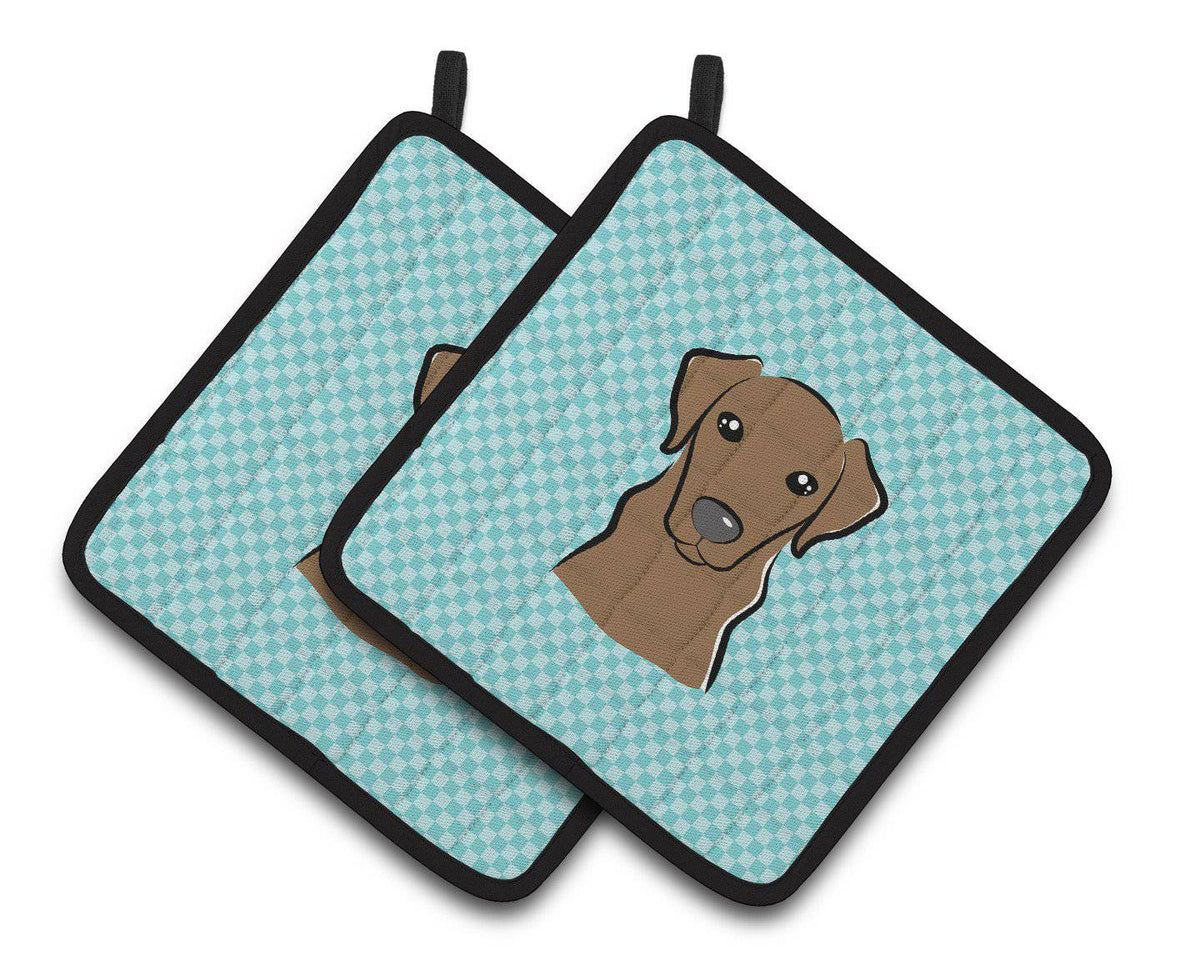 Checkerboard Blue Chocolate Labrador Pair of Pot Holders BB1172PTHD - the-store.com