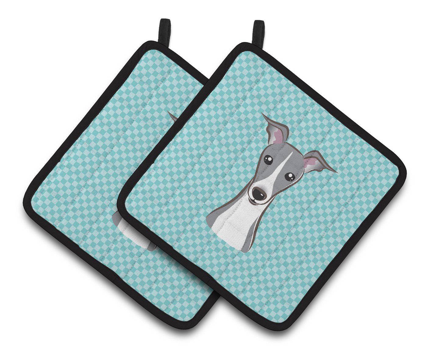 Checkerboard Blue Italian Greyhound Pair of Pot Holders BB1174PTHD - the-store.com