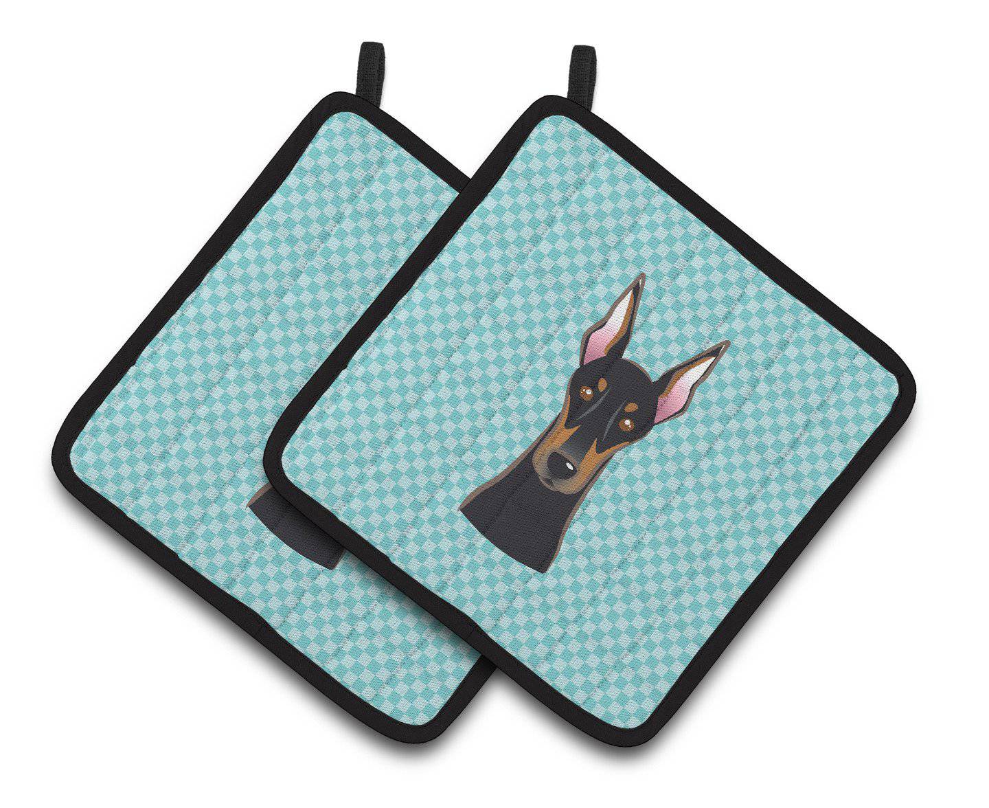 Checkerboard Blue Doberman Pair of Pot Holders BB1183PTHD - the-store.com