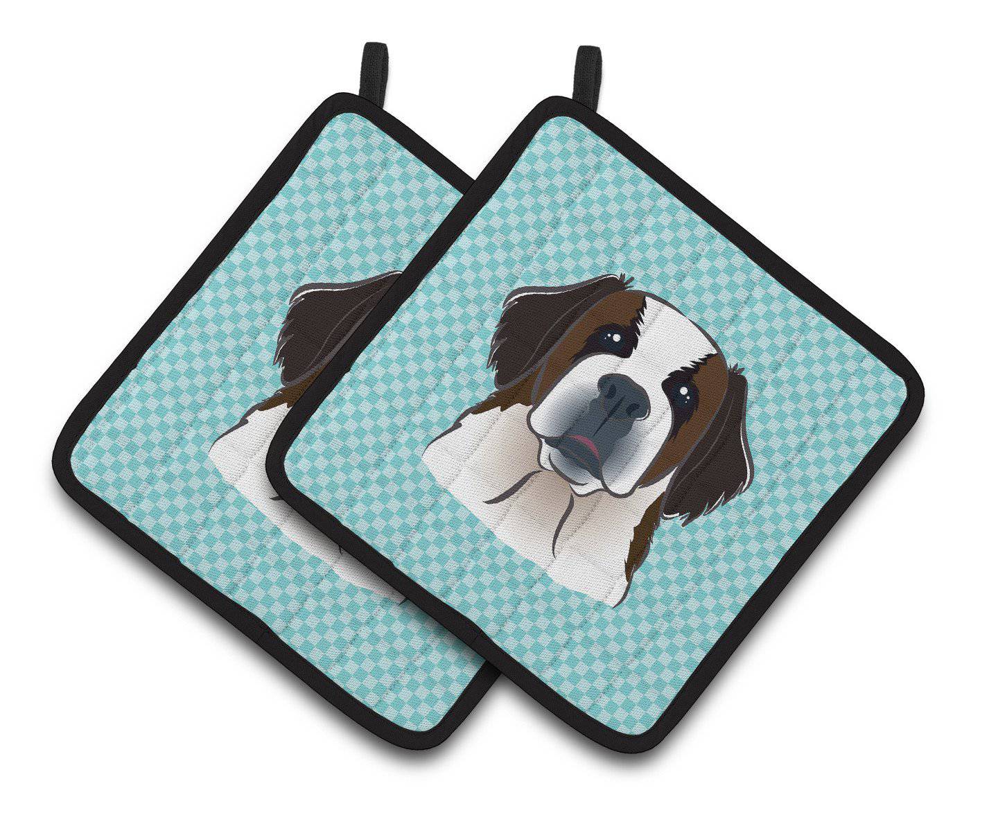 Checkerboard Blue Saint Bernard Pair of Pot Holders BB1184PTHD - the-store.com