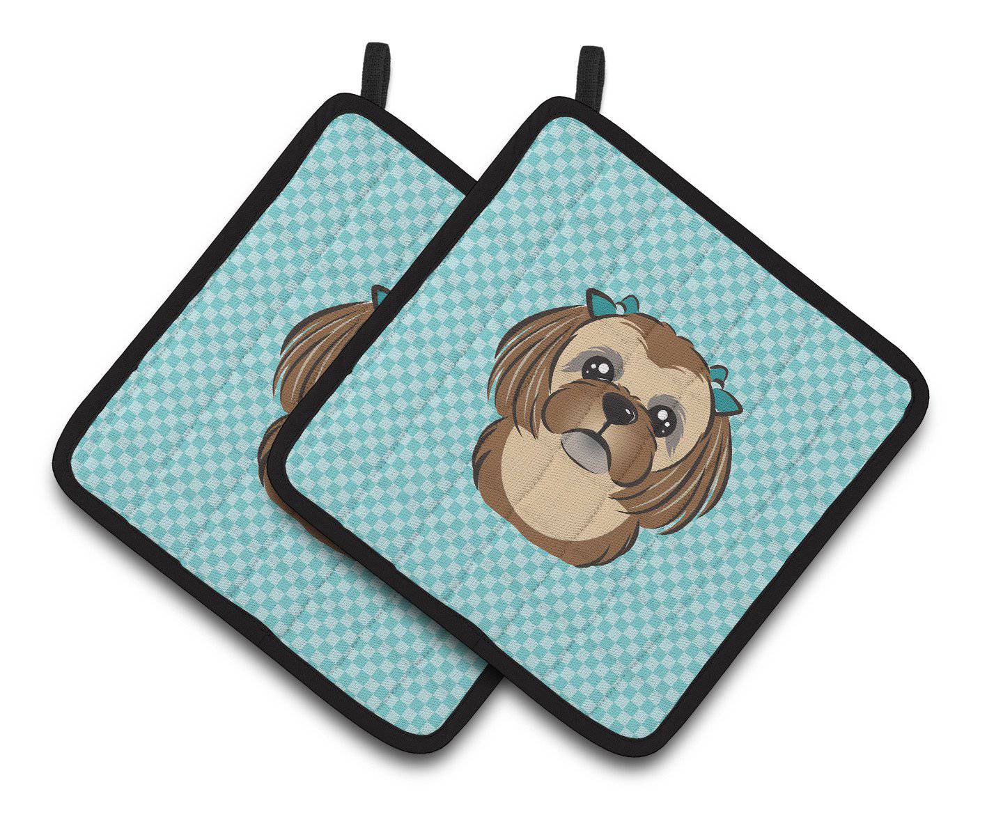 Checkerboard Blue Chocolate Brown Shih Tzu Pair of Pot Holders BB1187PTHD - the-store.com