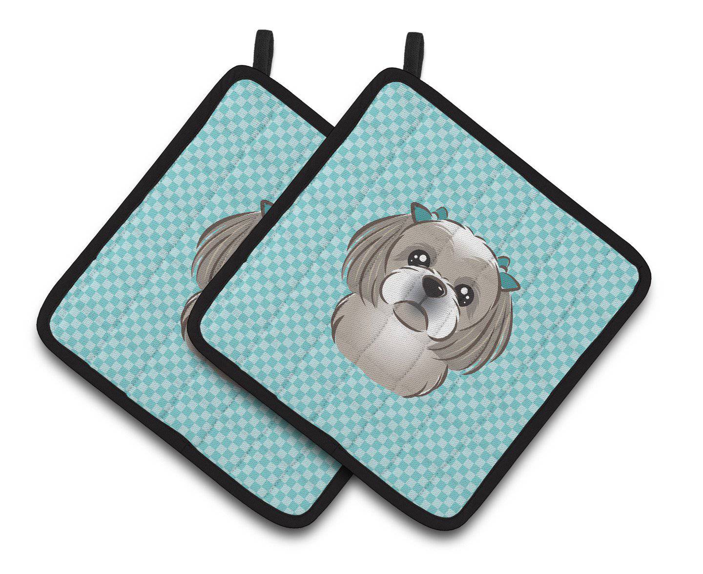 Checkerboard Blue Gray Silver Shih Tzu Pair of Pot Holders BB1188PTHD - the-store.com