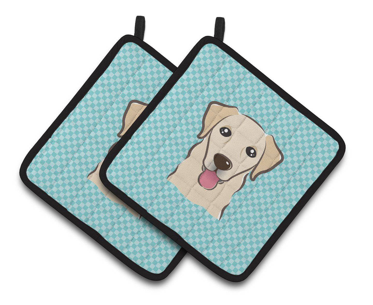 Checkerboard Blue Golden Retriever Pair of Pot Holders BB1190PTHD - the-store.com