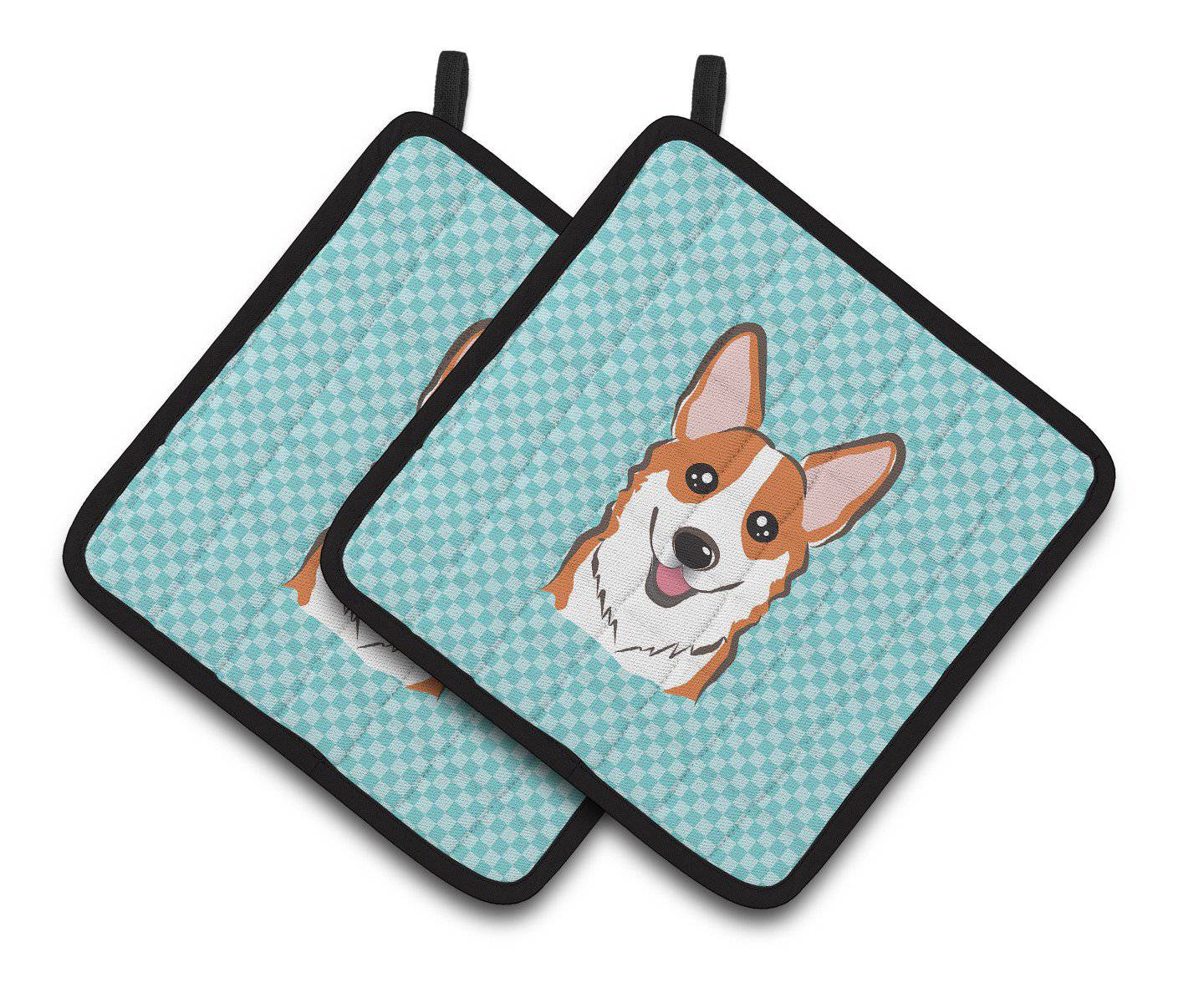 Checkerboard Blue Corgi Pair of Pot Holders BB1192PTHD - the-store.com