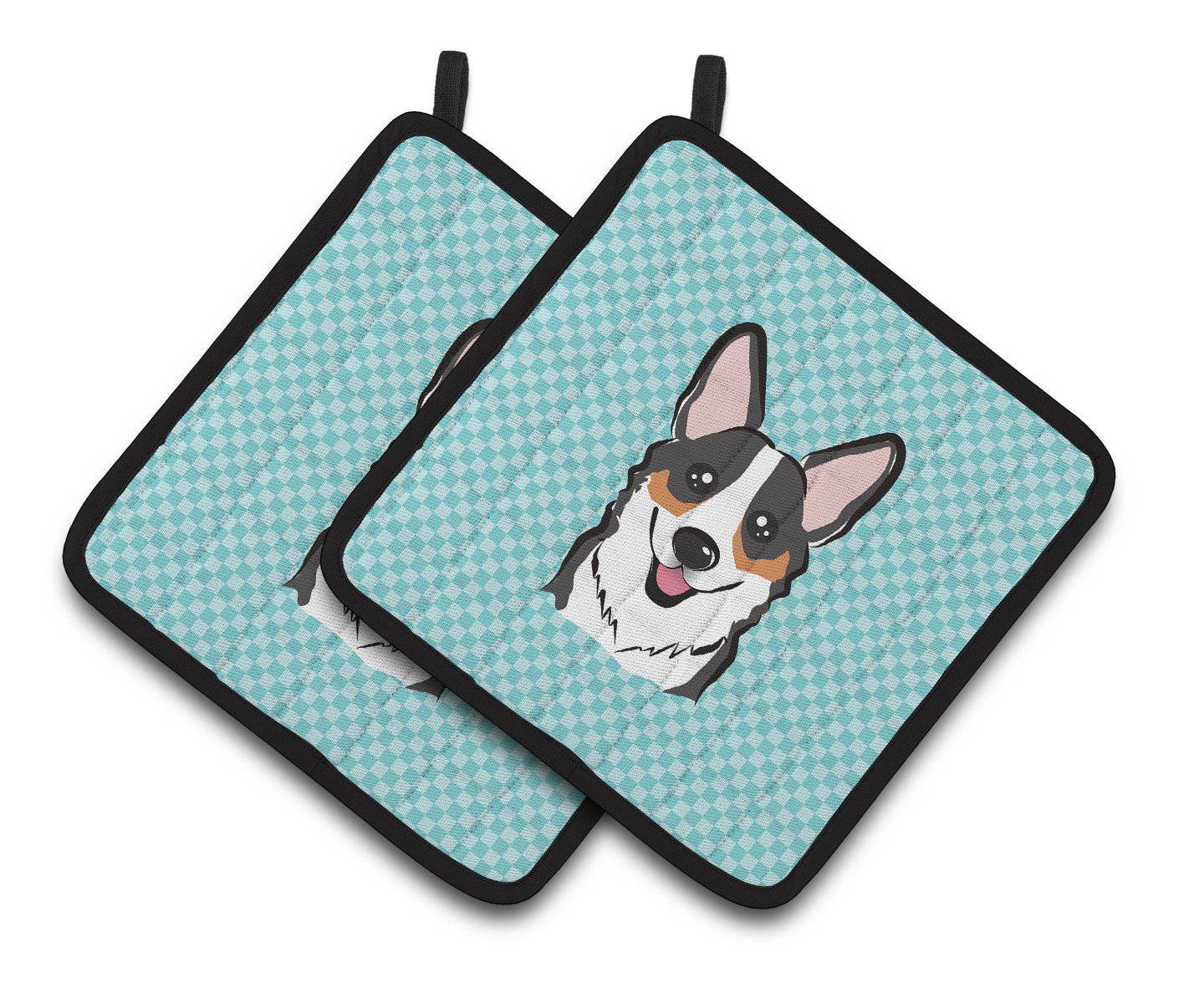 Checkerboard Blue Corgi Pair of Pot Holders BB1193PTHD - the-store.com