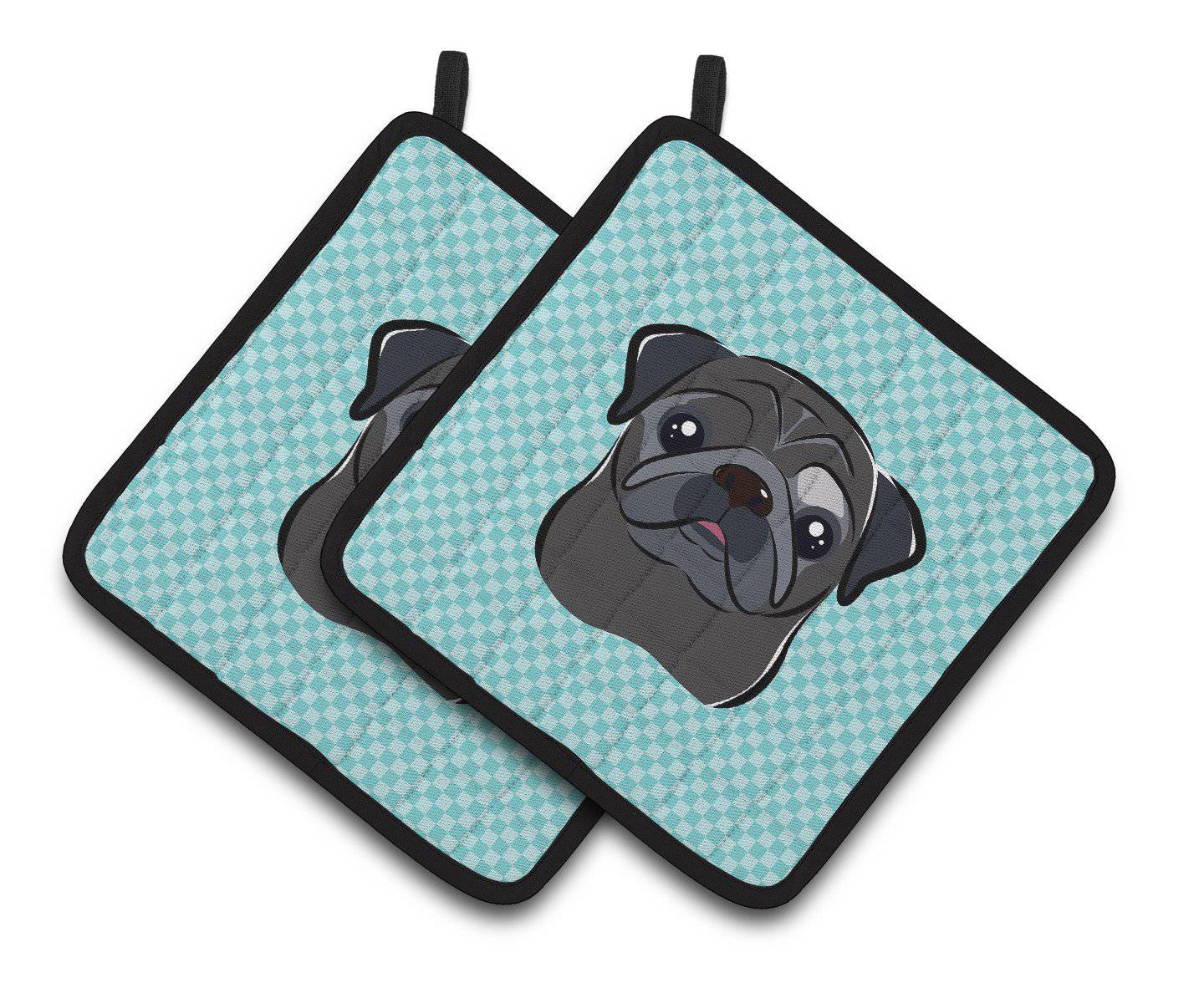 Checkerboard Blue Black Pug Pair of Pot Holders BB1201PTHD - the-store.com