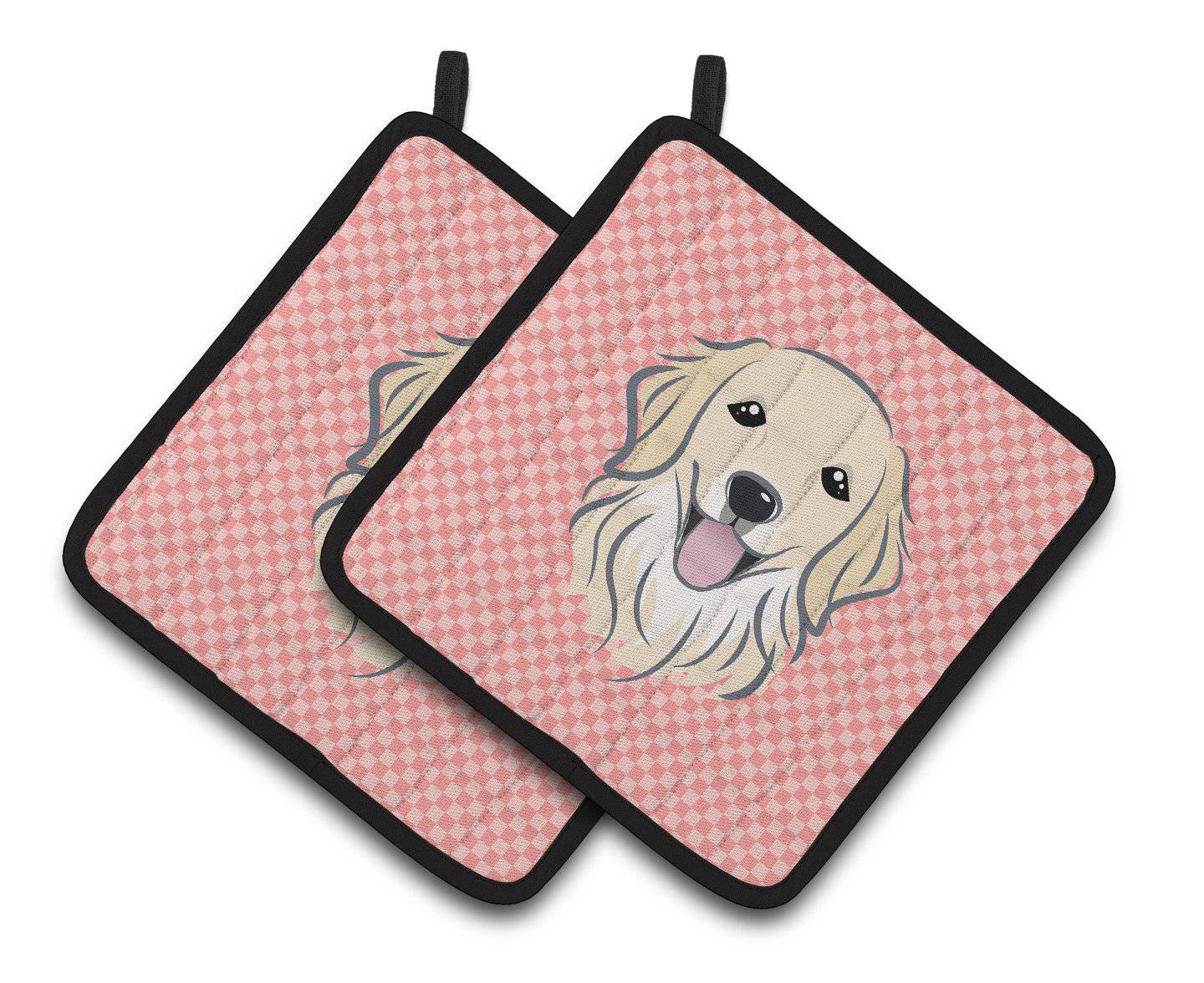 Checkerboard Pink Golden Retriever Pair of Pot Holders BB1205PTHD - the-store.com