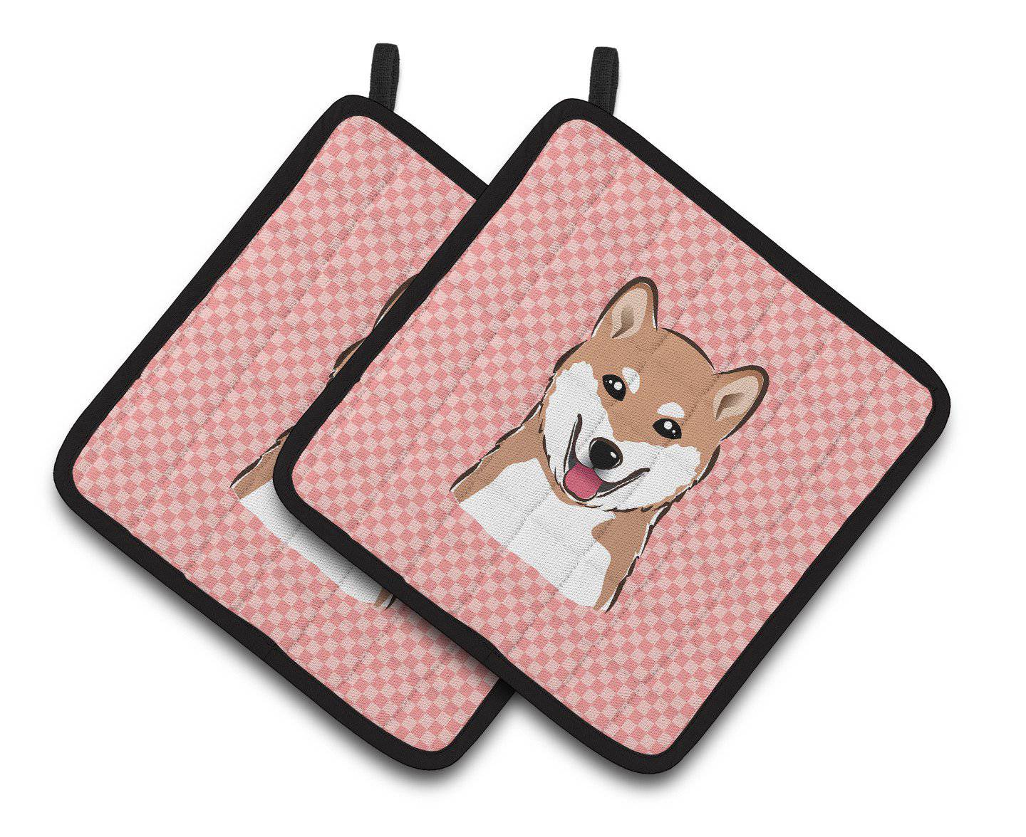 Checkerboard Pink Shiba Inu Pair of Pot Holders BB1225PTHD - the-store.com