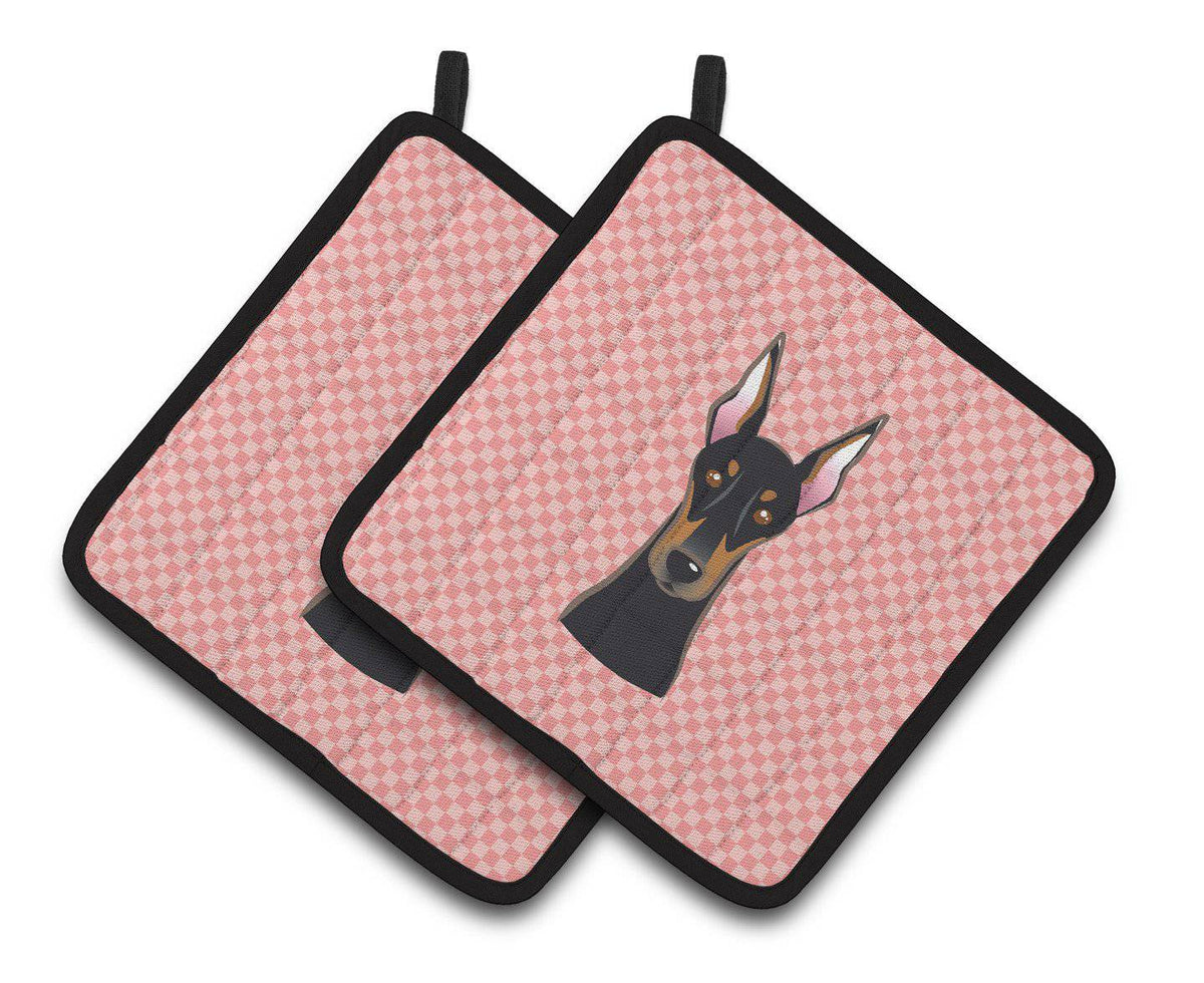 Checkerboard Pink Doberman Pair of Pot Holders BB1245PTHD - the-store.com