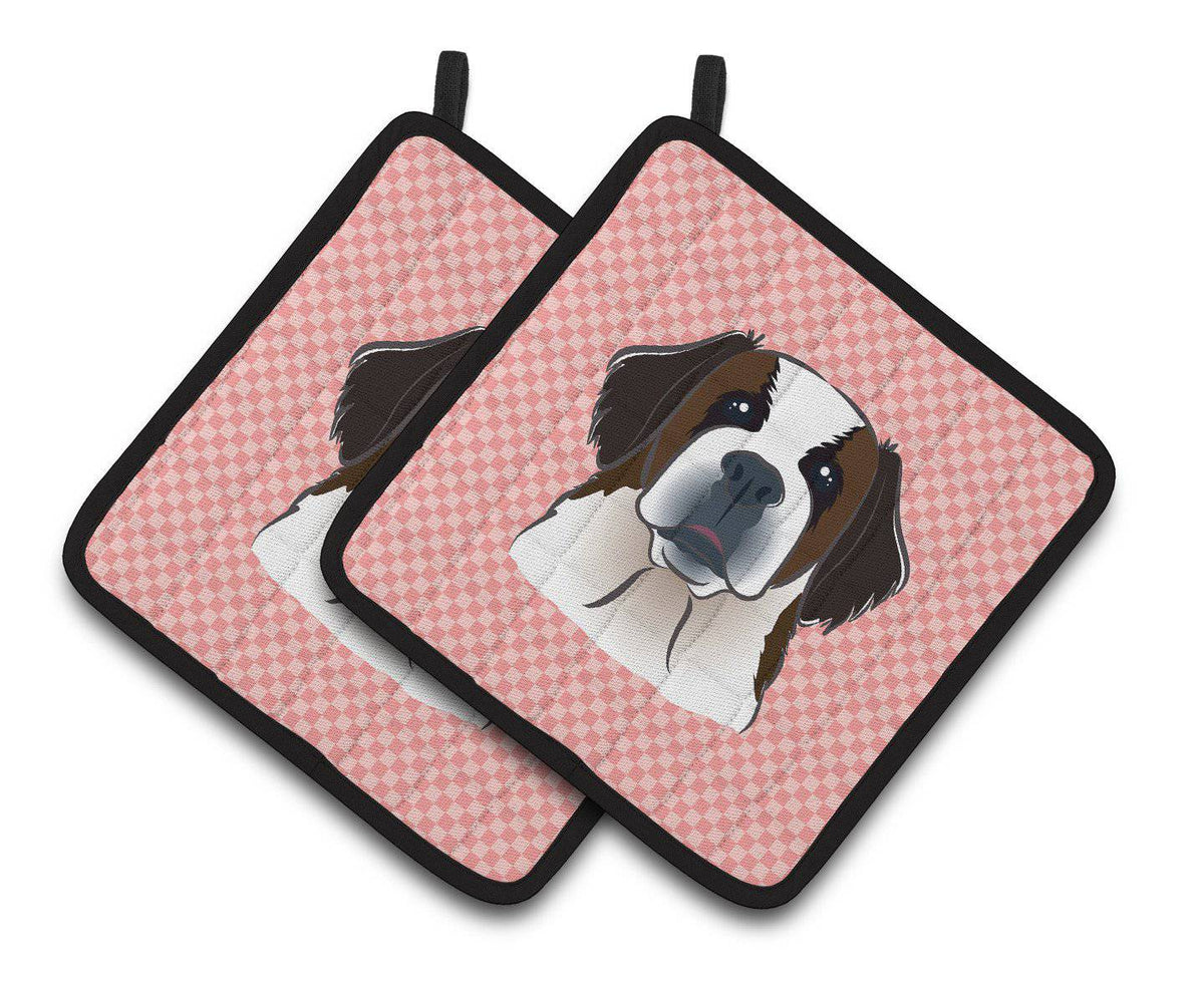 Checkerboard Pink Saint Bernard Pair of Pot Holders BB1246PTHD - the-store.com