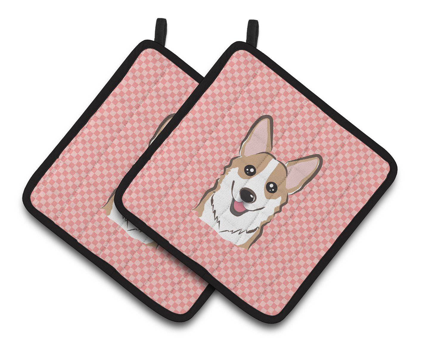 Checkerboard Pink Corgi Pair of Pot Holders BB1253PTHD - the-store.com