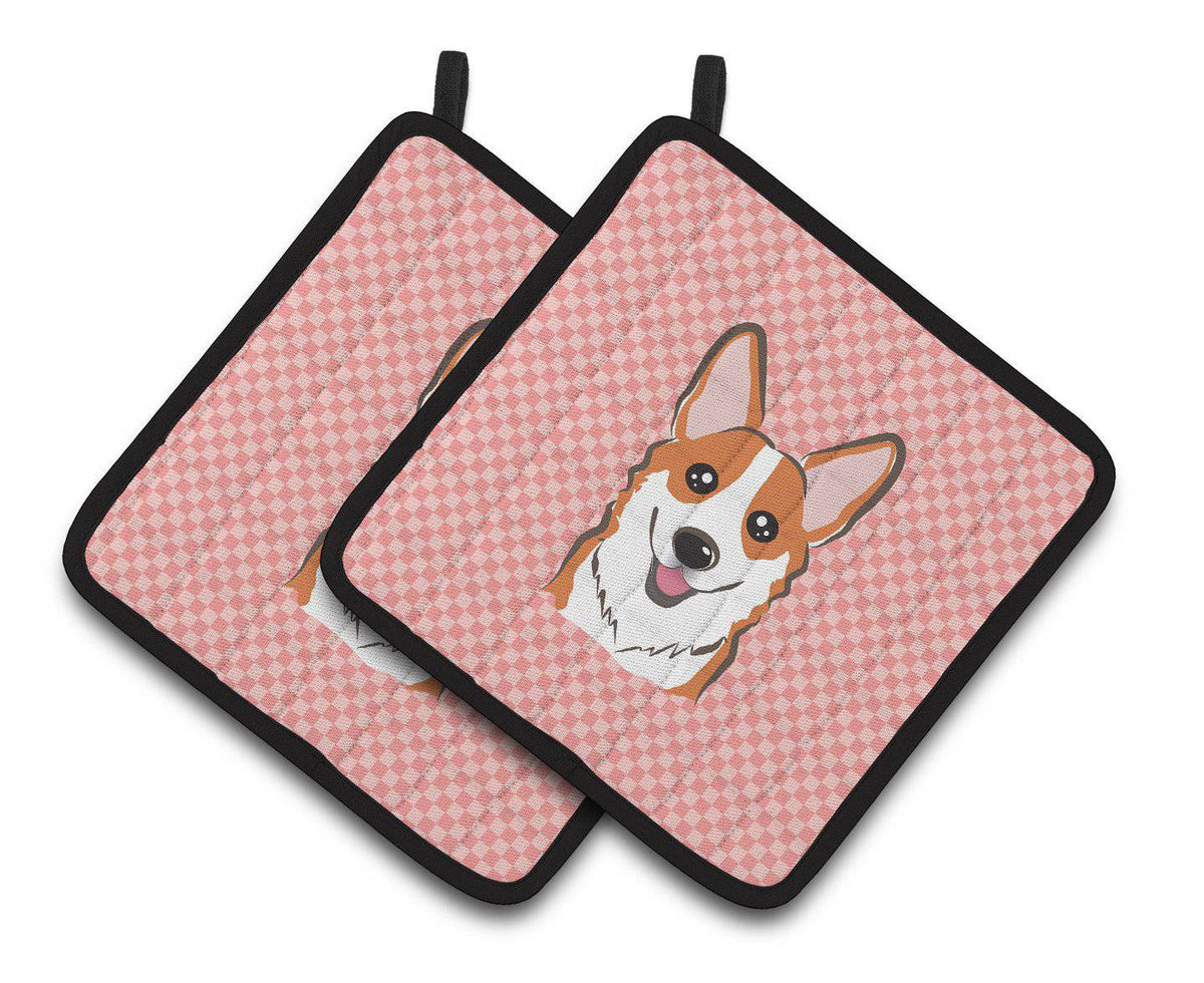 Checkerboard Pink Corgi Pair of Pot Holders BB1254PTHD - the-store.com