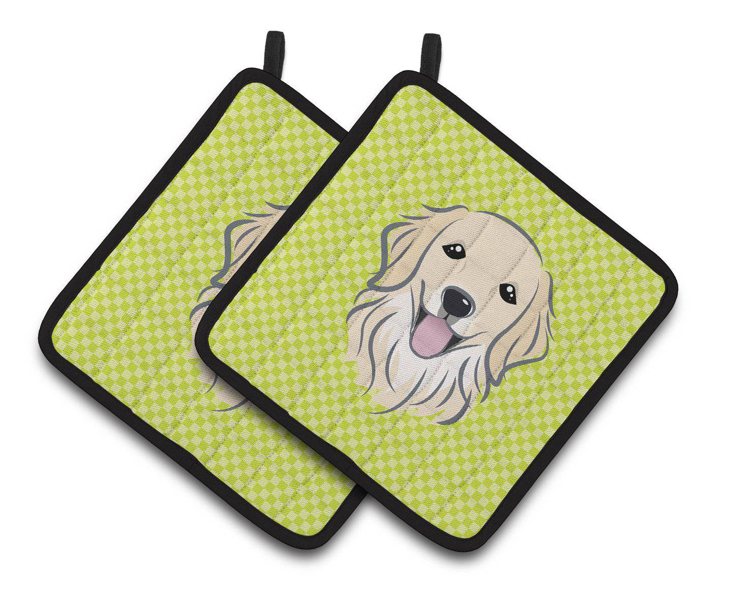 Checkerboard Lime Green Golden Retriever Pair of Pot Holders BB1267PTHD - the-store.com