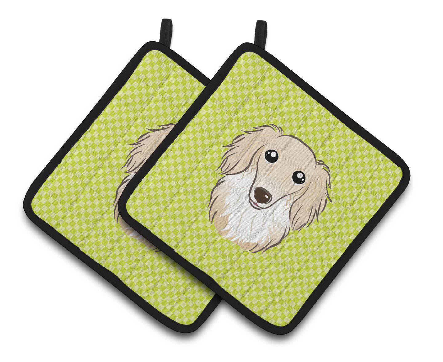 Checkerboard Lime Green Longhair Creme Dachshund Pair of Pot Holders BB1274PTHD - the-store.com