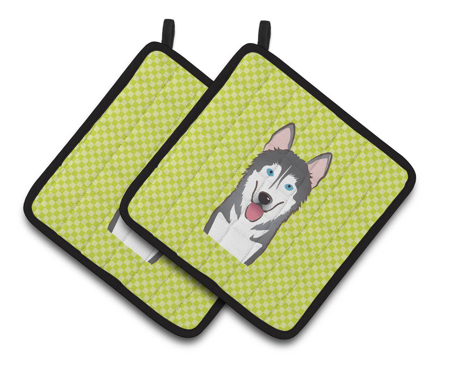 Checkerboard Lime Green Alaskan Malamute Pair of Pot Holders BB1280PTHD - the-store.com