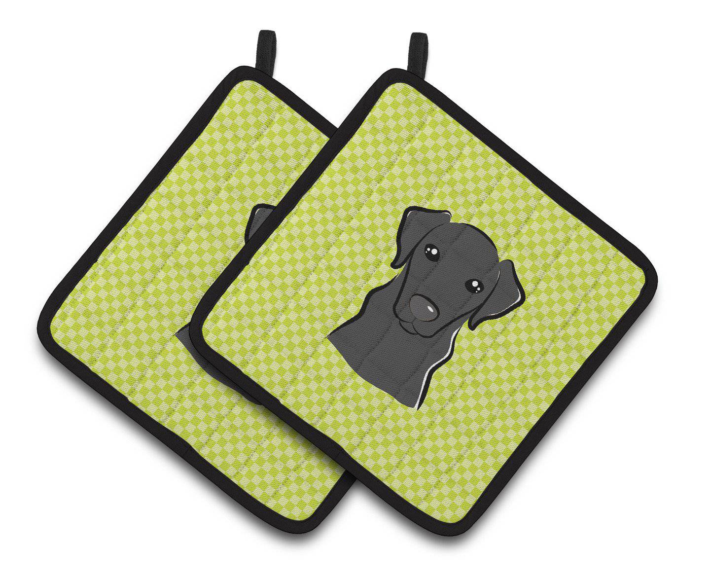 Checkerboard Lime Green Black Labrador Pair of Pot Holders BB1297PTHD - the-store.com