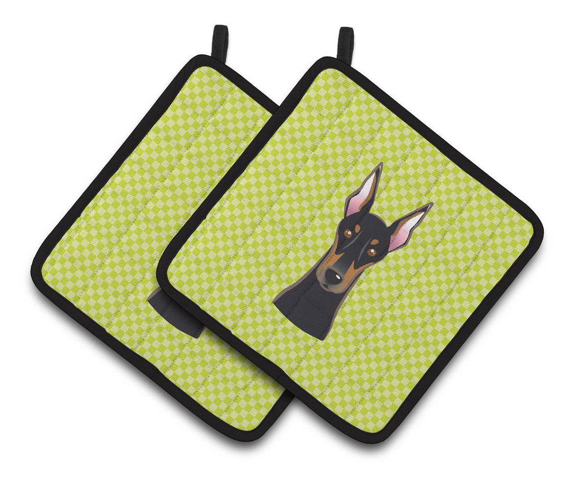 Checkerboard Lime Green Doberman Pair of Pot Holders BB1307PTHD - the-store.com