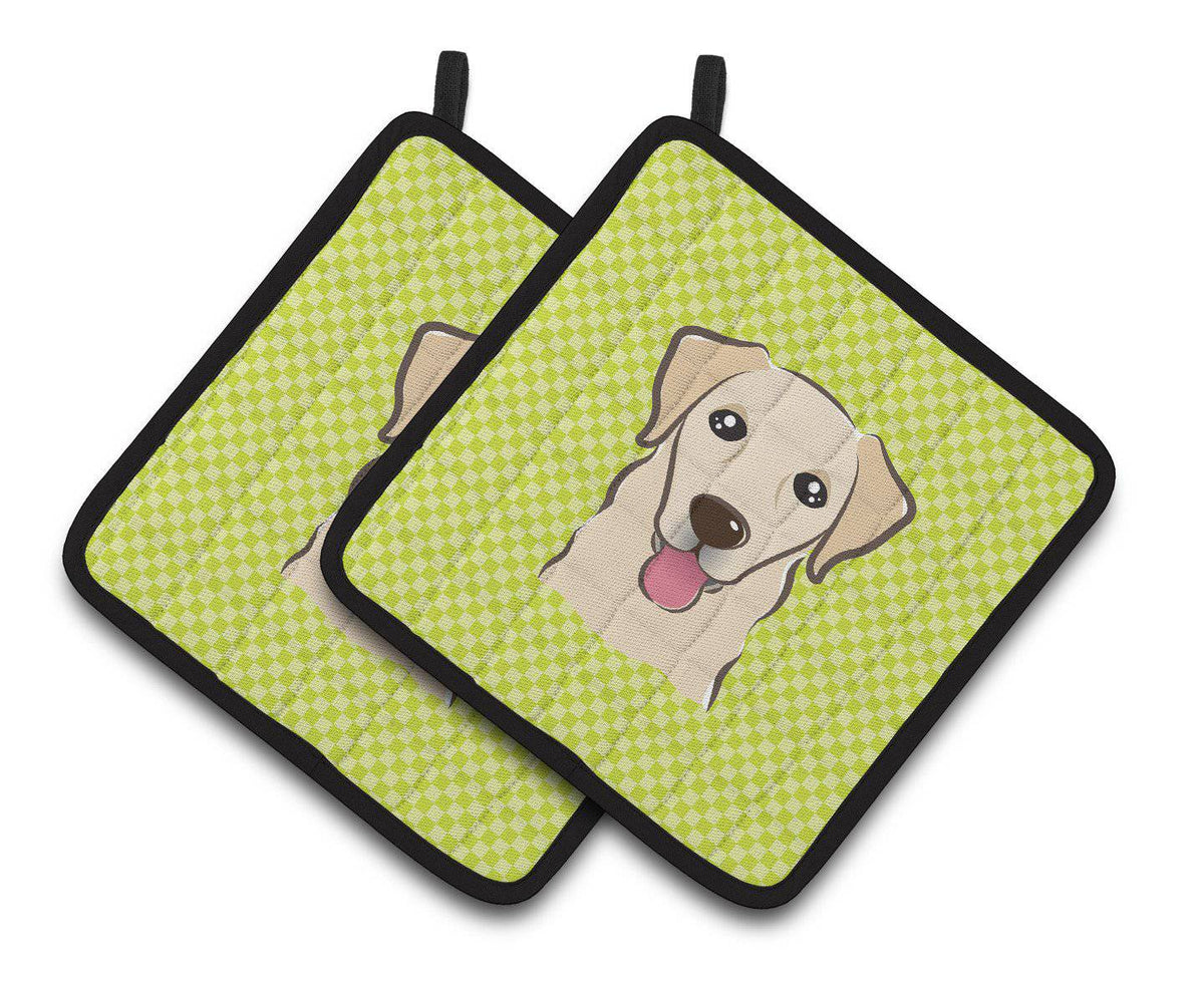 Checkerboard Lime Green Golden Retriever Pair of Pot Holders BB1314PTHD - the-store.com