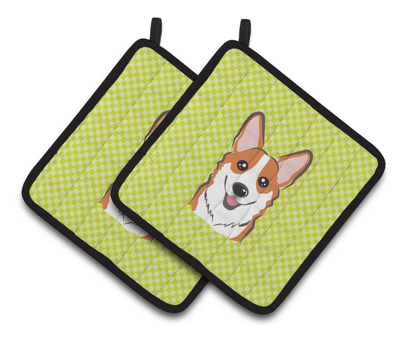 Checkerboard Lime Green Corgi Pair of Pot Holders BB1316PTHD - the-store.com