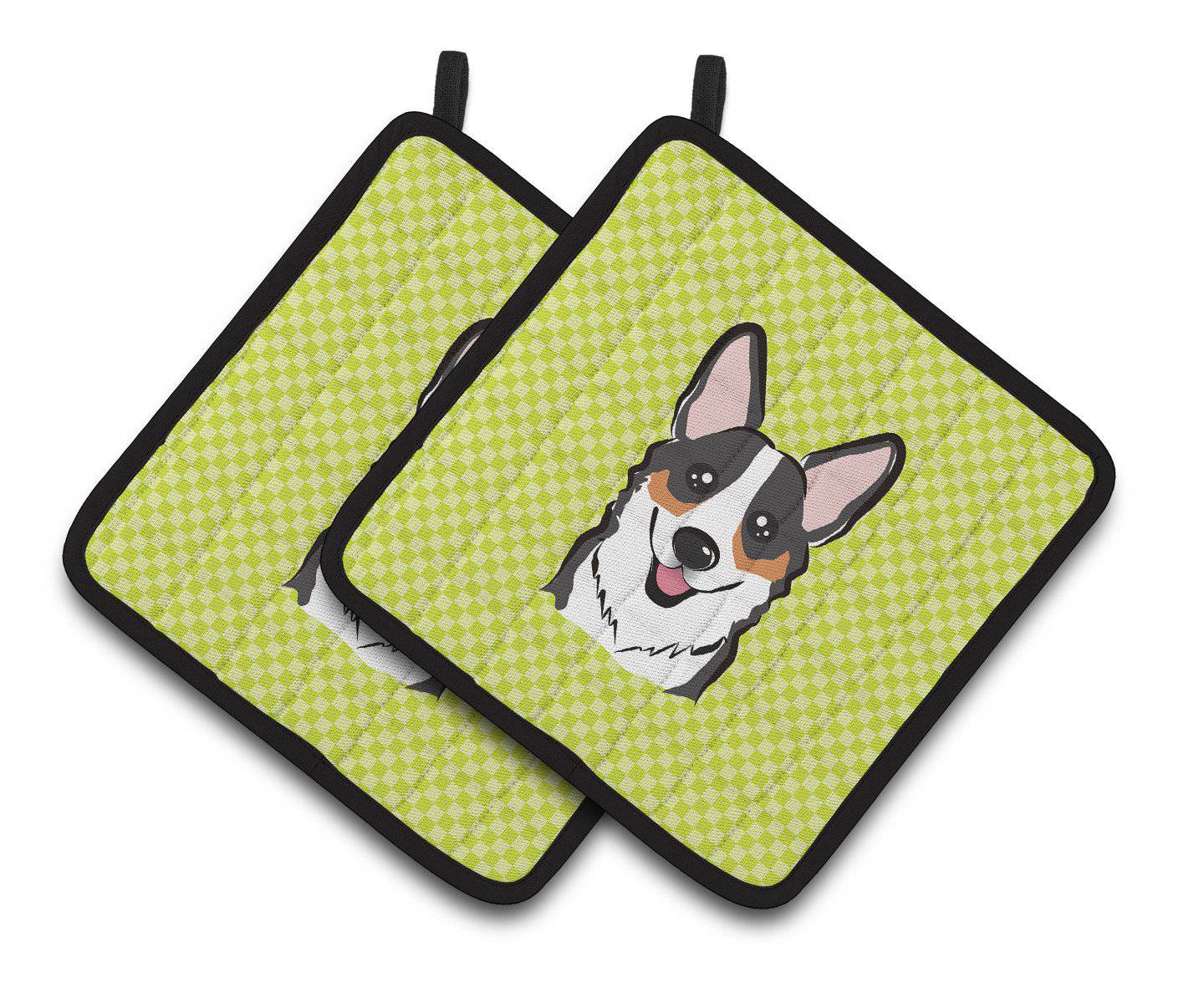 Checkerboard Lime Green Corgi Pair of Pot Holders BB1317PTHD - the-store.com