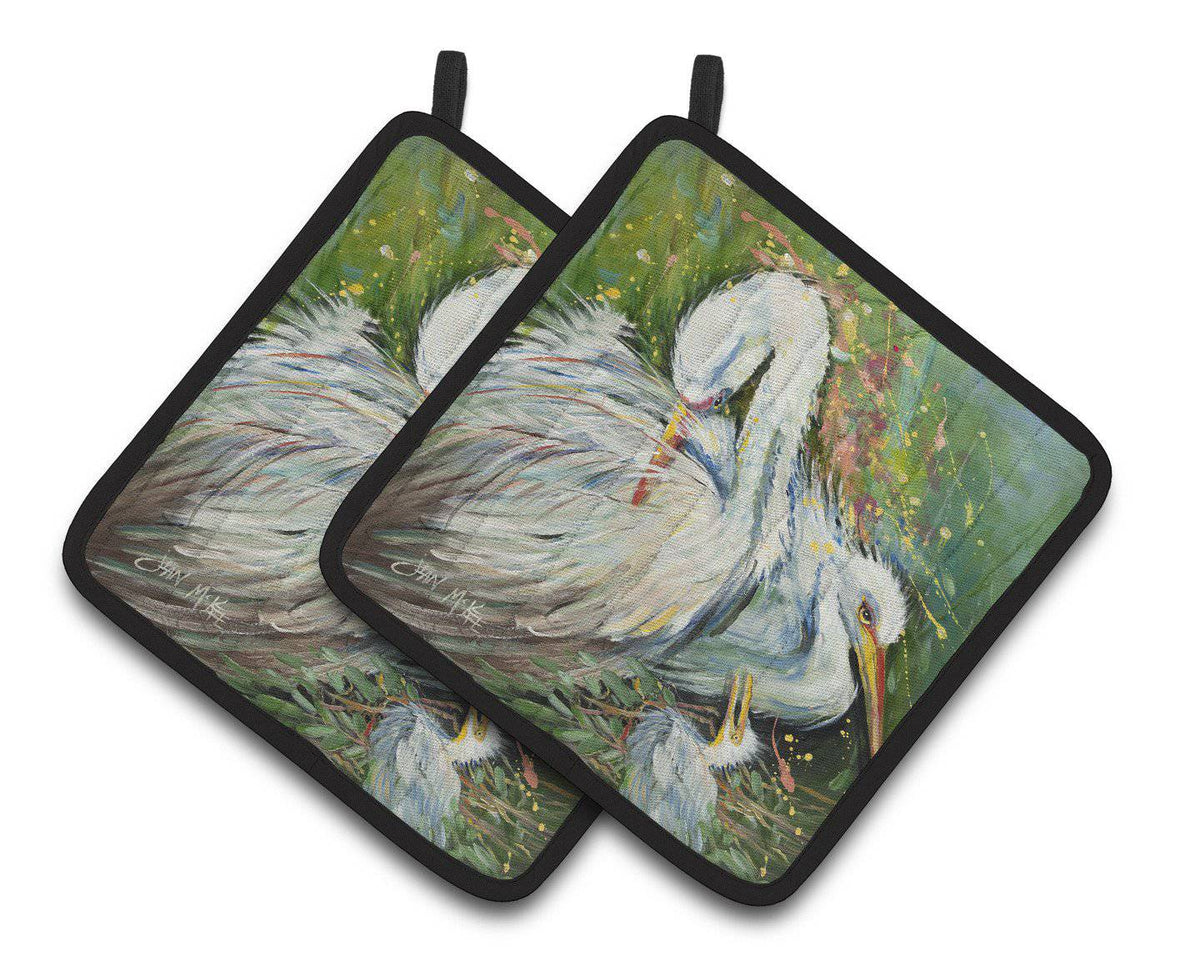 White Egret in the rain Pair of Pot Holders JMK1210PTHD - the-store.com